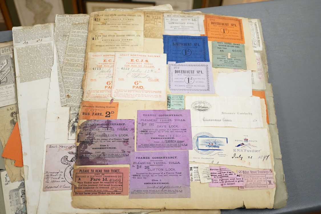 A collection of 19th century railway and shipping luggage labels, tickets, newspaper cuttings, etc. including; Clifton Suspension Bridge tickets, Exeter Tramways, Lyndon and Lynmouth Cliff Railway, the S.S. Alexandria ex